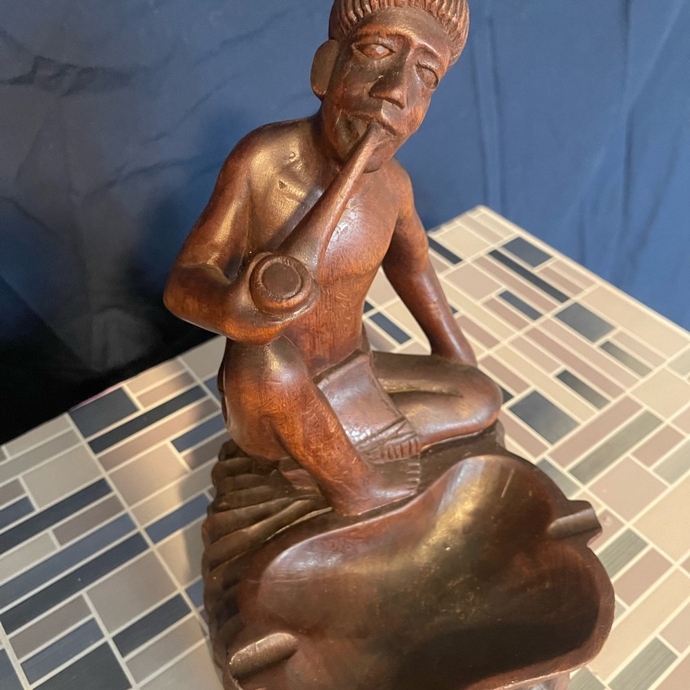 Hand Carved Wood Tribal Man Sitting Holding Cup with Ashtray 8-3/4"